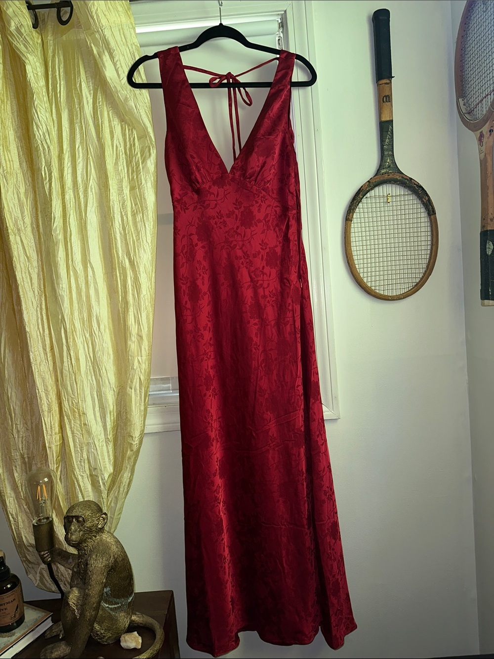 Jessica Simpson Crimson Jacquard Backless Satin Maxi Dress